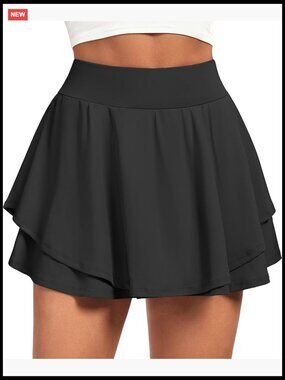 Double Ruffle Pleated Tennis Skort with Pockets Tummy Control High Waist
